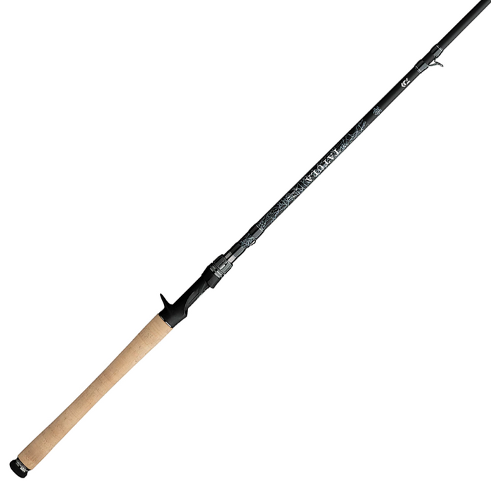 Daiwa Tatula Cork - Casting fishing rod featuring a cork handle, black graphite blank with detailed white graphics, and a trigger grip for comfortable casting and control.