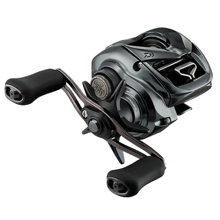 Daiwa Tatula SV TW 100 baitcasting reel in sleek black finish featuring ergonomic handles and advanced braking system for smooth, precise fishing performance.