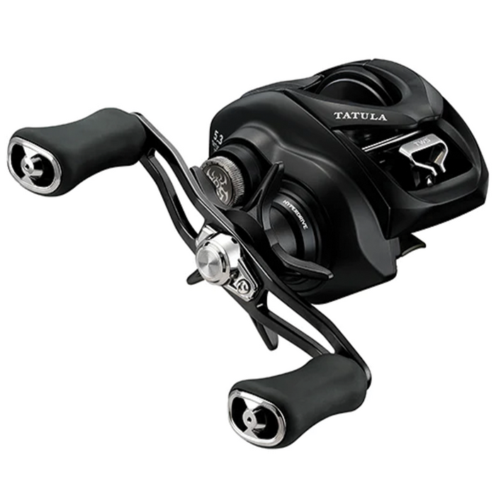 Daiwa Tatula TW 150 low-profile baitcasting reel in black with ergonomic double handle grips, precision drag system, and compact design for fishing rods and reels.