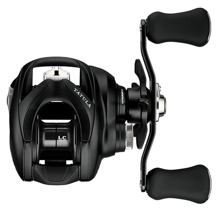Daiwa Tatula TW 150 black baitcasting fishing reel with dual ergonomic handles, compact design, and smooth drag system for precision fishing tackle use.