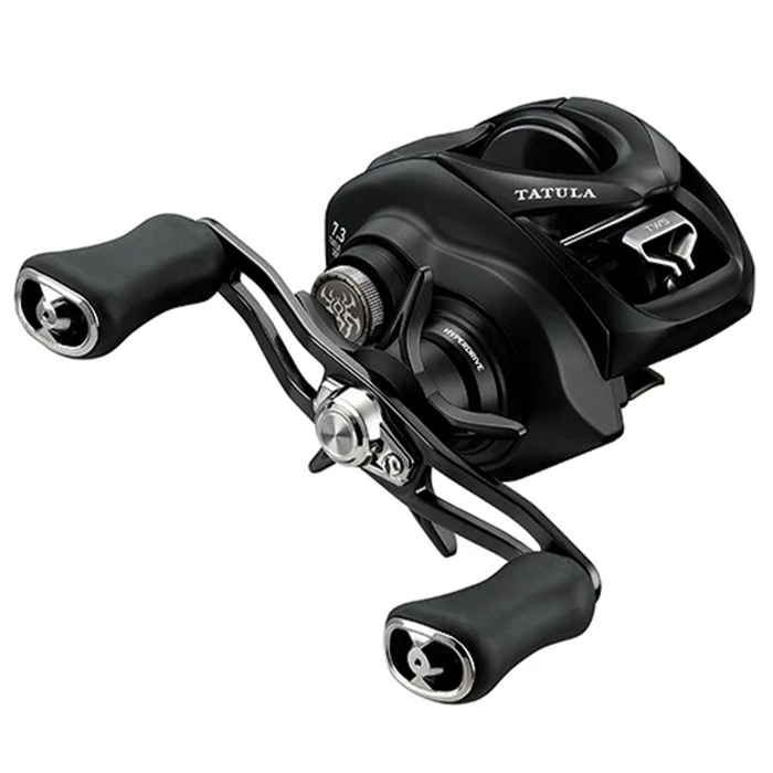 Daiwa Tatula TW 200 black low-profile baitcasting reel with ergonomic double paddle handles and precise adjustment knobs for smooth fishing tackle performance.