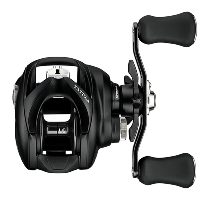 Close-up view of a black Daiwa Tatula TW 200 baitcasting fishing reel featuring ergonomic dual handles and a compact, durable design for smooth fishing tackle performance.