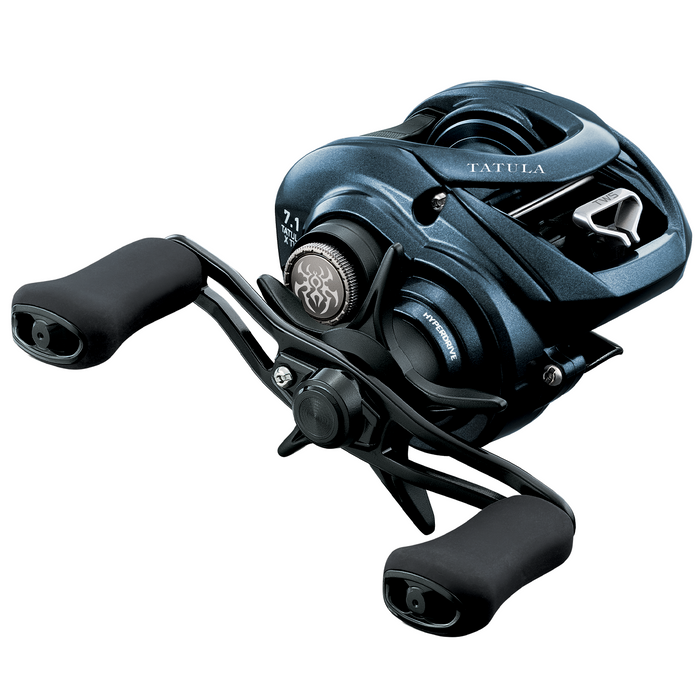 Daiwa Tatula X TW 100 fishing reel in sleek black with ergonomic dual handles, smooth baitcasting mechanism, and precision drag system for fishing tackle enthusiasts.
