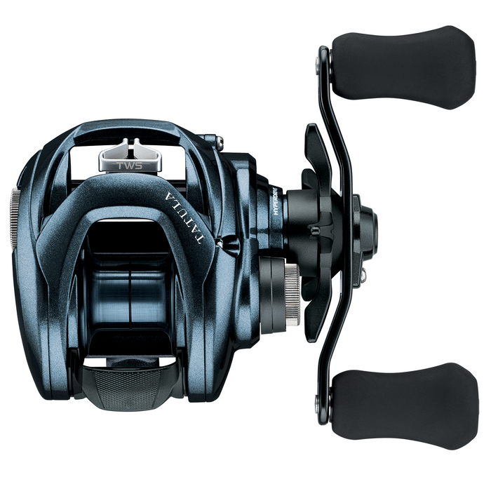 Daiwa Tatula X TW 100 fishing reel in dark metallic blue with ergonomic dual knobs and advanced TWS line management system for smooth casting and retrieval.