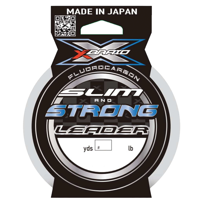 Packaging for Daiwa X-Braid SS Fluorocarbon Leader fishing line, highlighting its slim and strong design, made in Japan, suitable for fishing tackle and rods.
