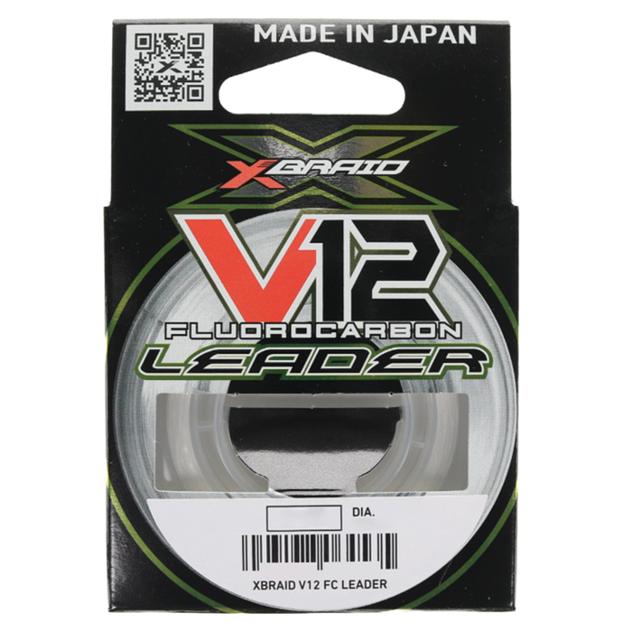 Daiwa X-Braid V12 Fluorocarbon Leader fishing line in black and green packaging, designed for strong, abrasion-resistant fishing tackle use.
