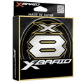 Packaged Daiwa X-Braid X8 fishing line made in Japan, featuring bold white and gold X8 logo on black box, designed for premium fishing tackle and marine electronics use.