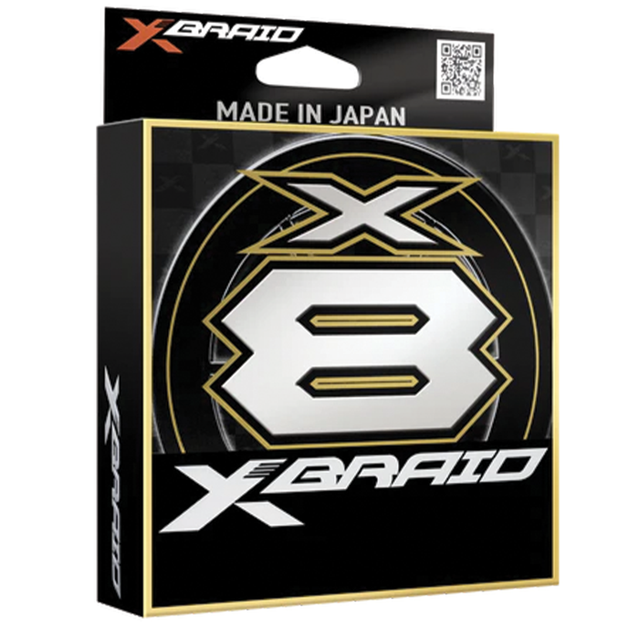 Packaged Daiwa X-Braid X8 fishing line made in Japan, featuring bold white and gold X8 logo on black box, designed for premium fishing tackle and marine electronics use.