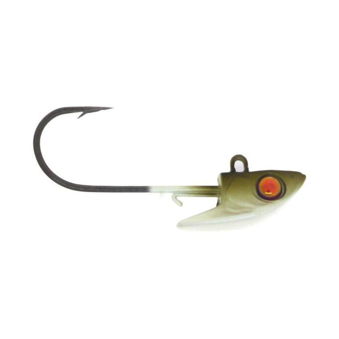 Damiki Rig Jig Head featuring a detailed fish-shaped head with lifelike red eye, sharp hook, and a small fin detail, designed for fishing tackle use.