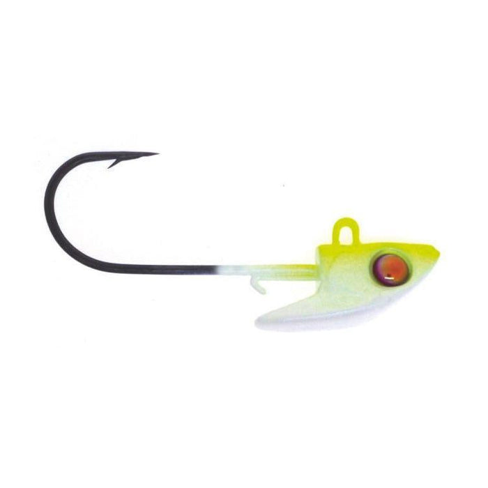 Damiki Rig Jig Head with a sharp black hook and a chartreuse-colored weighted head featuring a realistic red and black eye, designed for fishing tackle use.