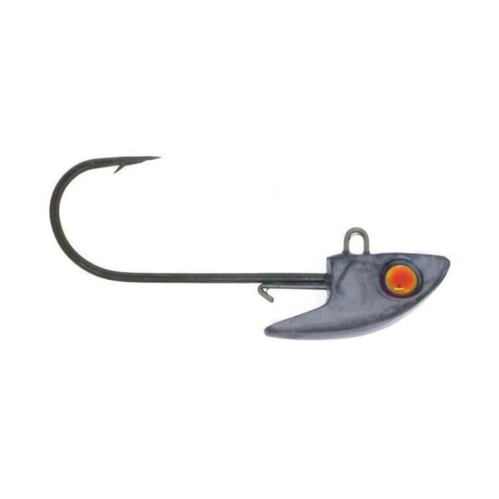Close-up of a black Damiki Rig Jig Head with a sharp hook, detailed eye design, and an unpainted finish, ideal for fishing tackle and lures.