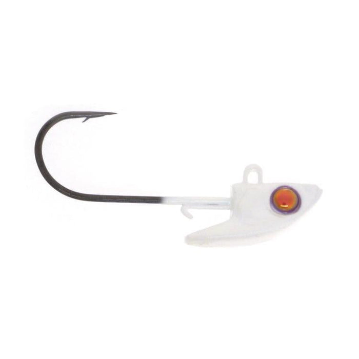 Damiki Rig Jig Head in pearl white with an orange and red eye detail, showcasing a sharp black fishing hook designed for bass and swimbait fishing tackle.