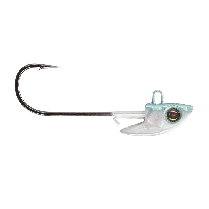 Damiki Rig Jig Head featuring a detailed, translucent green pearl fish head design with a sharp metal hook, ideal for fishing tackle and lure setups.