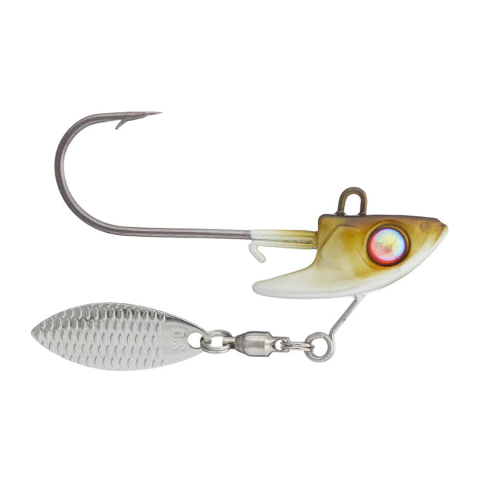 Damiki Underspin fishing lure featuring a realistic fish head design with a single sharp hook and a textured silver spinner blade for attracting fish in various fishing tackle setups.