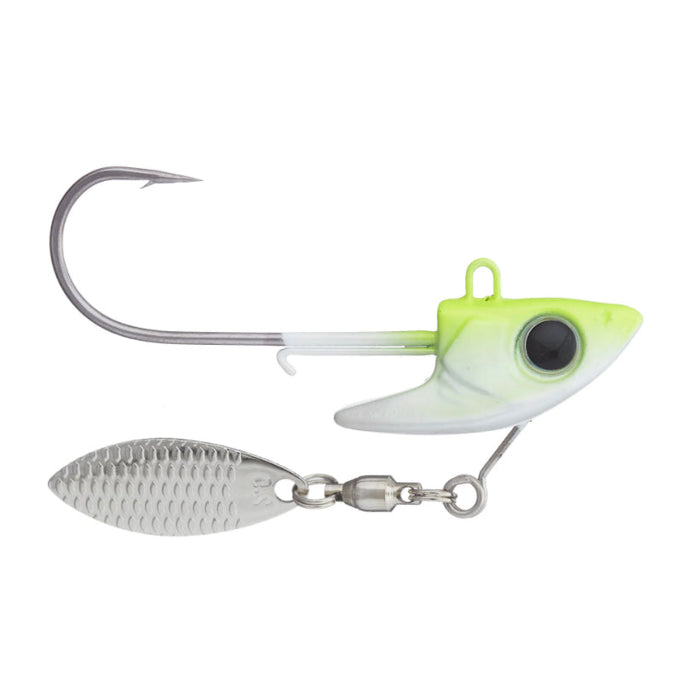 Damiki Underspin fishing lure with a chartreuse and white jig head, large black eye, sharp hook, and silver spinner blade designed for freshwater fishing tackle.