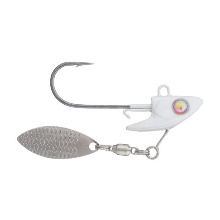 Damiki Underspin fishing lure featuring a white jig head with an eye detail, sharp hook, and attached silver spinner blade designed for effective fishing tackle use.