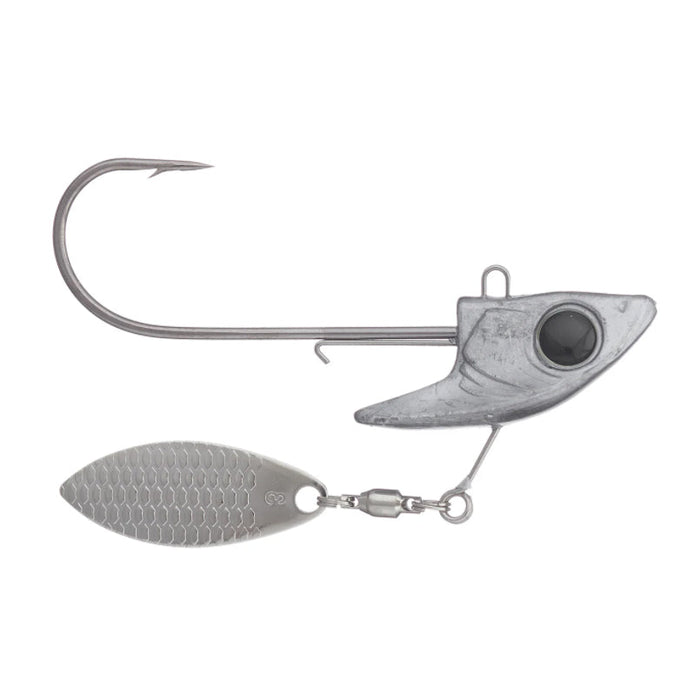 Damiki Underspin fishing lure featuring a single sharp hook, weighted silver head with a black eye detail, and a textured silver spinner blade for fishing tackle enthusiasts.