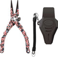 Danco Admiral Tournament Aluminum Pliers w/Sheath featuring American flag design aluminum handles, spring-loaded jaws, and a black sheath with coiled lanyard for secure fishing tackle use.