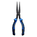 Danco Eco-1 Carbon Steel Pliers with long, narrow black jaws and ergonomic blue and black rubber handles designed for fishing tackle and precise grip.