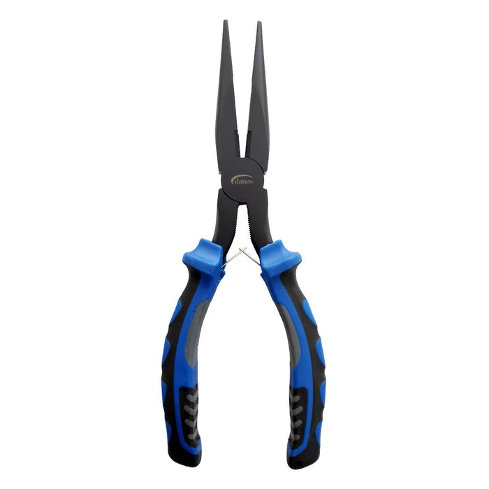 Danco Eco-1 Carbon Steel Pliers with long, narrow black jaws and ergonomic blue and black rubber handles designed for fishing tackle and precise grip.