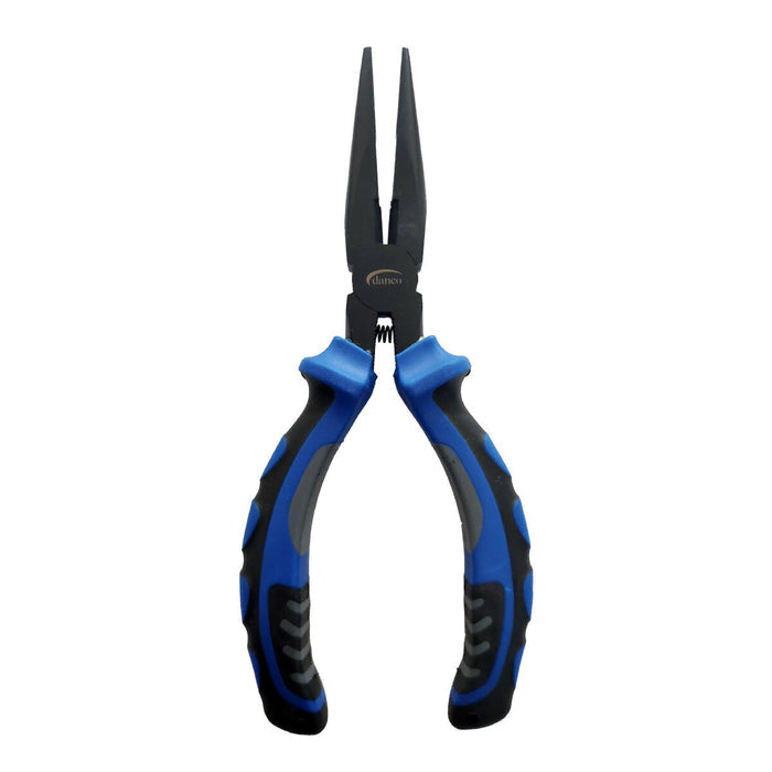 Danco Essential Series Carbon Steel Pliers with blue and black ergonomic handles and long, narrow steel jaws designed for precision fishing tackle tasks and durable use.