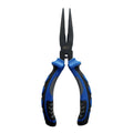 Danco Essential Series Carbon Steel Pliers with blue and black ergonomic handles and long, narrow steel jaws designed for precision fishing tackle tasks and durable use.