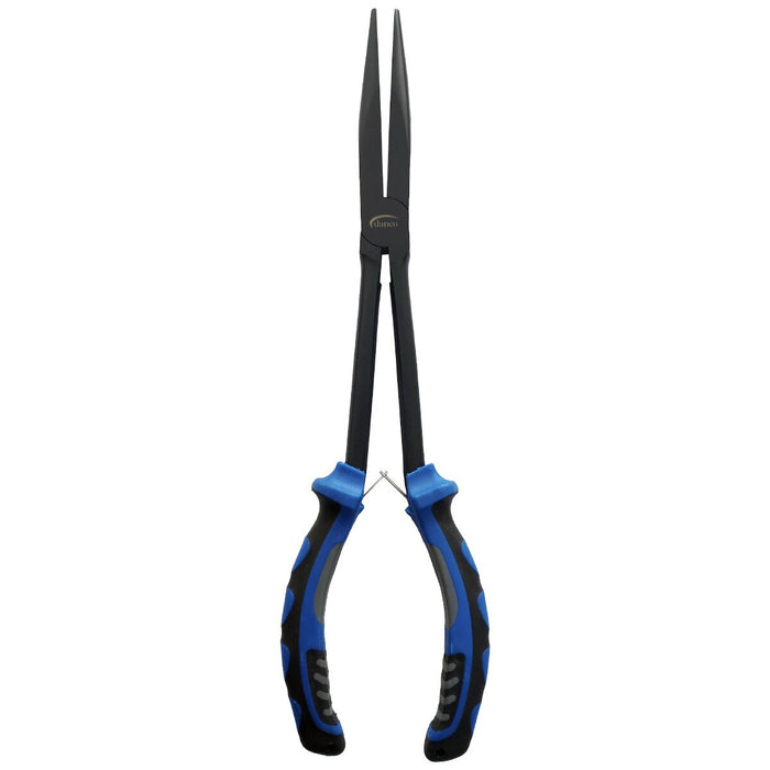 Danco Essential Series Carbon Steel Pliers featuring long, narrow black jaws with ergonomic blue and black rubber handles for precise grip and control in fishing tackle tasks.