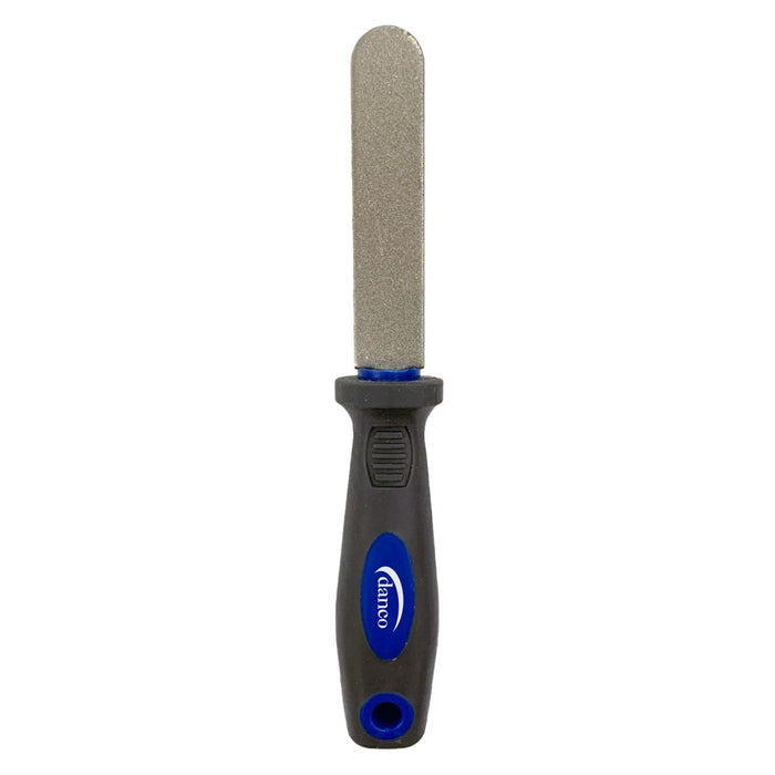 Danco Essential Series Hook File with a black ergonomic handle featuring a blue oval logo and a rectangular metal filing surface for sharpening fishing hooks.