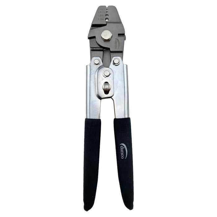 Danco Heavy Duty Crimpers with metal jaws and black ergonomic handles designed for secure and precise crimping, ideal for fishing tackle and rod maintenance.
