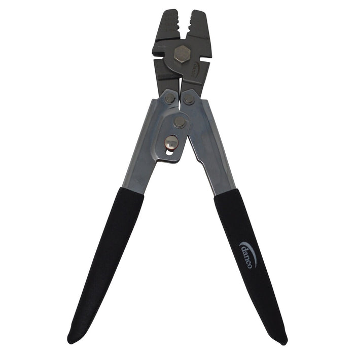 Danco Heavy Duty Crimpers with metal jaws and black cushioned handles designed for secure gripping and crimping, ideal for fishing tackle applications.