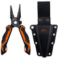 Danco Lunar-1 Carbon Steel Pliers w/Sheath featuring black and orange ergonomic handles, durable jaws, and a black carrying sheath designed for fishing tackle and marine use.