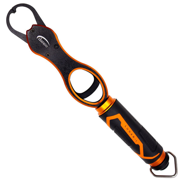 Danco Lunar-1 Lip Gripper w/Scale featuring a black and orange ergonomic handle with a built-in scale and metal gripping jaws designed for securely holding fish during catch and release.