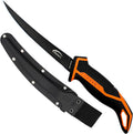 Danco Lunar-1 Micro Flex Knife w/Sheath featuring a flexible black blade and ergonomic black handle with orange accents, accompanied by a matching black sheath for secure storage.