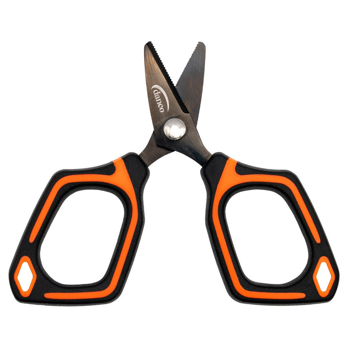 Danco Lunar-1 Serrated Braid Scissors with black and orange ergonomic handles and serrated stainless steel blades designed for precise cutting of fishing tackle and braid lines.