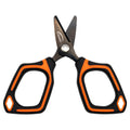 Danco Lunar-1 Serrated Braid Scissors with black and orange ergonomic handles and serrated stainless steel blades designed for precise cutting of fishing tackle and braid lines.