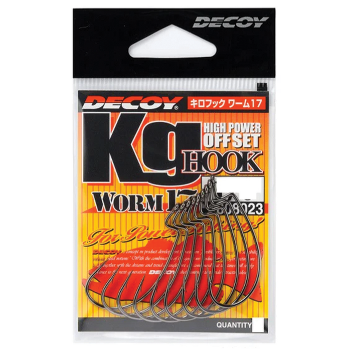Package of multiple Decoy 17 KG Worm Hook fishing hooks in high power offset design, displayed against an orange and yellow branded backing card.