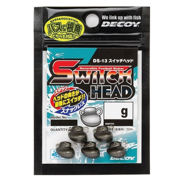 Package of Decoy DS-13 Switch Head reversible football sinkers in dark metal finish, designed for fishing tackle use to enhance casting and bait presentation.