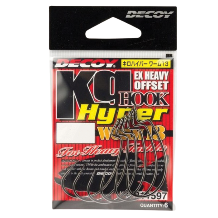 Package of six Decoy Worm13 KG Hyper Worm Hook extra heavy offset fishing hooks displayed on branded red and black backing card designed for musky and heavy-duty fishing tackle.