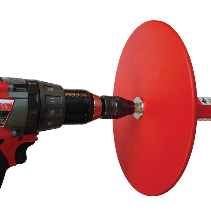 Deep Freeze EZ Auger Connectors attached to a red ice fishing auger blade, showing a close-up of the black and red drill connection mechanism designed for easy use with fishing tackle equipment.