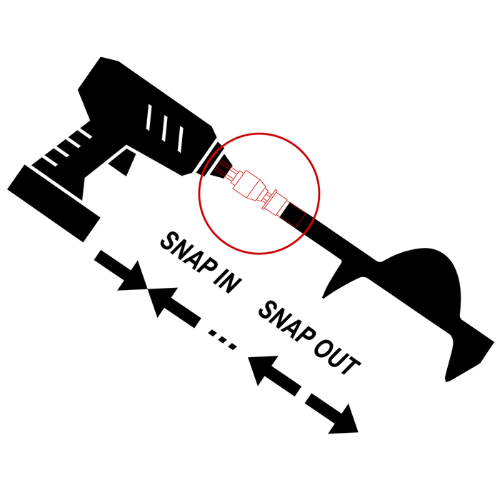 Illustration showing how the Deep Freeze EZ Auger Connectors easily snap in and snap out to connect a power drill to an ice auger shaft for quick assembly.