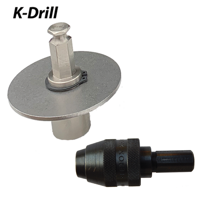 Deep Freeze EZ Auger Connectors display two metal components designed to connect ice auger parts, featuring a round silver disc with a hexagonal shaft and a black textured coupling piece.