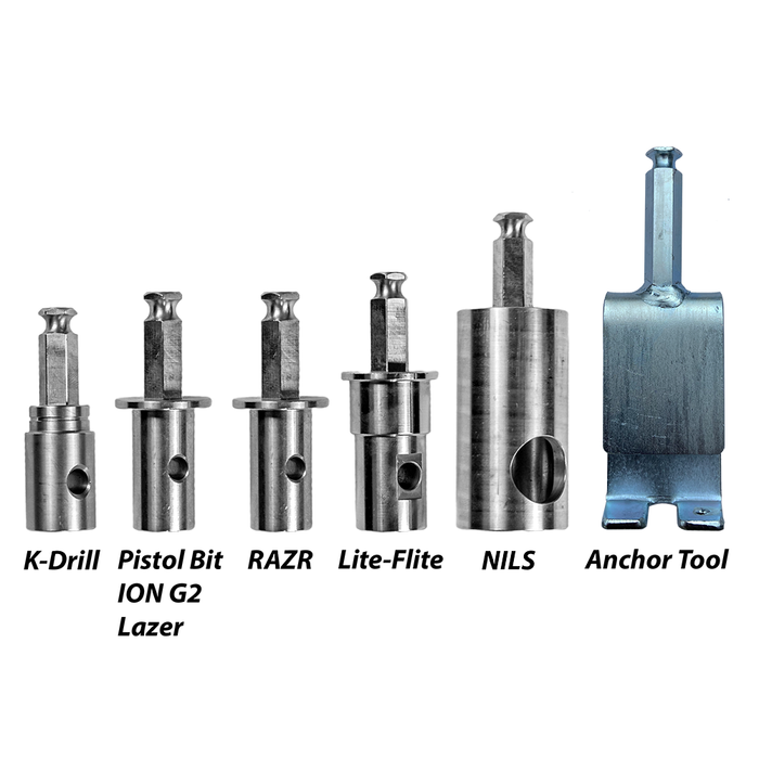 Set of six metal Deep Freeze EZ Auger Connectors drill bit attachments, including K-Drill, Pistol Bit ION G2 Lazer, RAZR, Lite-Flite, NILS, and Anchor Tool with varying sizes and designs.