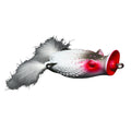 Deps Buster K Hollow Body Popping Frog fishing lure in white and red with textured body and feathered tail, designed for freshwater fishing tackle use.
