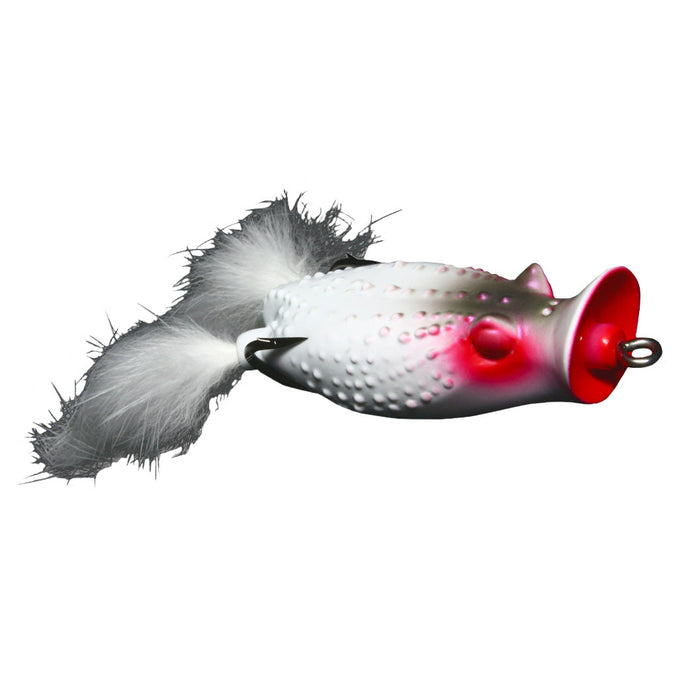 Deps Buster K Hollow Body Popping Frog fishing lure in white and red with textured body and feathered tail, designed for freshwater fishing tackle use.