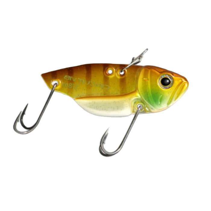 Deps Circuit Vib Blade Bait in gold and green tones, detailed with two metal treble hooks designed for fishing tackle and musky fishing.