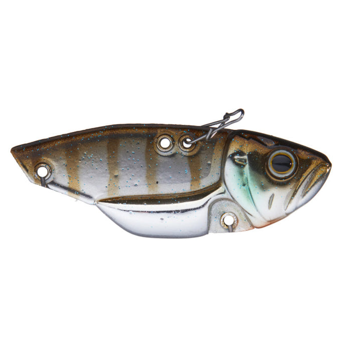 Deps Circuit Vib Blade Bait fishing lure designed to mimic a small fish with realistic bluegill coloring, featuring a compact blade and detailed eyes for effective fishing tackle use.