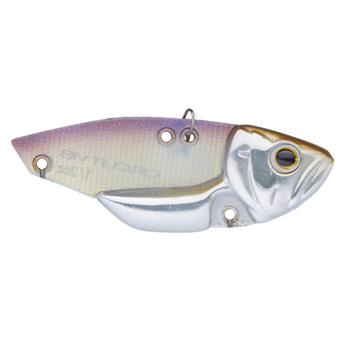Deps Circuit Vib Blade Bait in silver and purple hues with detailed fish head design, metal blade body, and attachment points, suitable for fishing tackle collection.