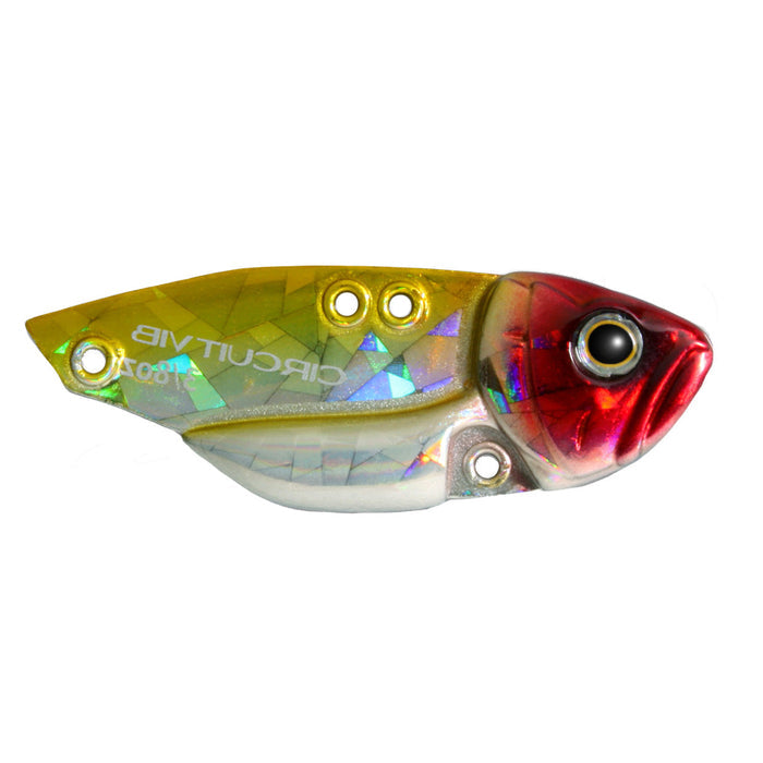 Deps Circuit Vib Blade Bait fishing lure with a shiny, reflective body featuring gold, red, and silver hues designed to attract fish for freshwater musky and other species fishing.