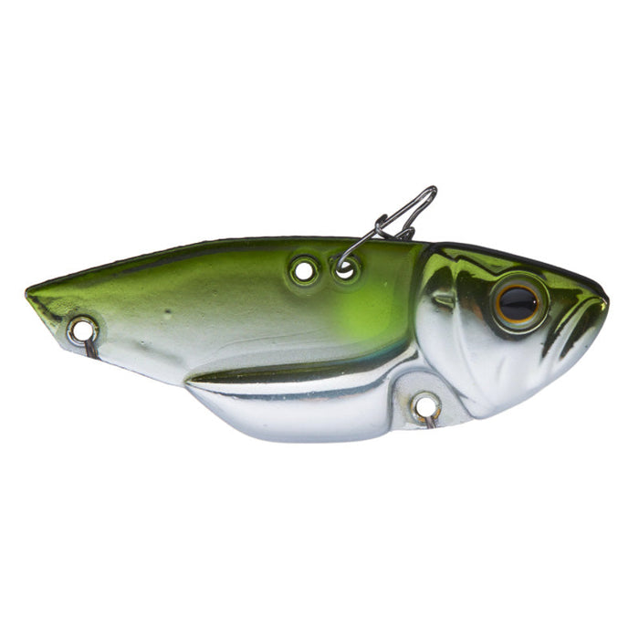 Deps Circuit Vib Blade Bait fishing lure designed with a metallic green and silver finish, featuring detailed eyes and multiple attachment points for versatile fishing tackle use.