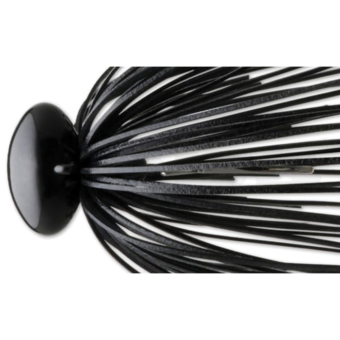 Close-up view of the black and dark gray Deps Head Lock Jig featuring a rounded weighted head and multiple flexible strands designed for effective fishing tackle use.